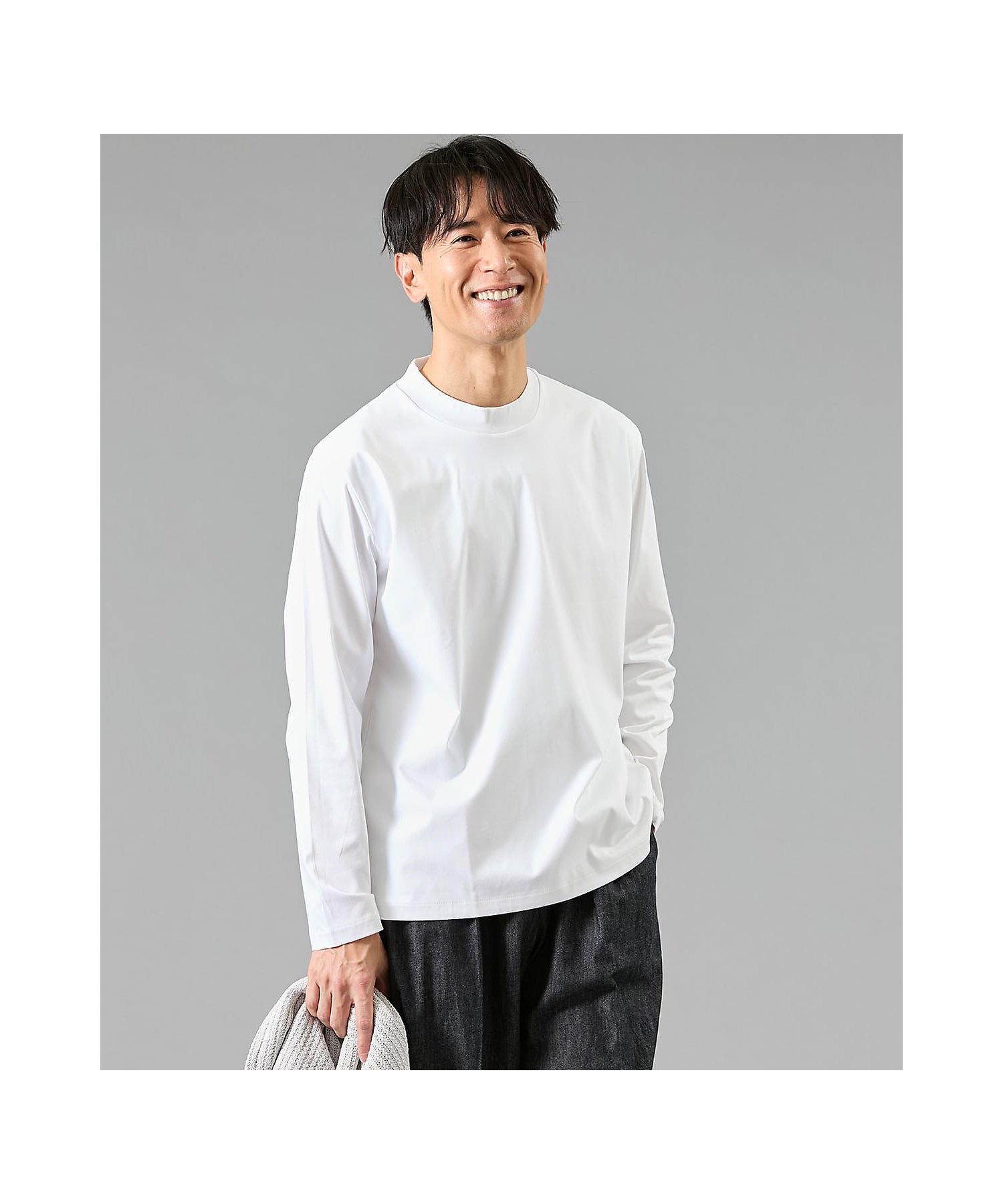 NY CARE FREE 長袖 モックネック ドレスTシャツ（ホワイト