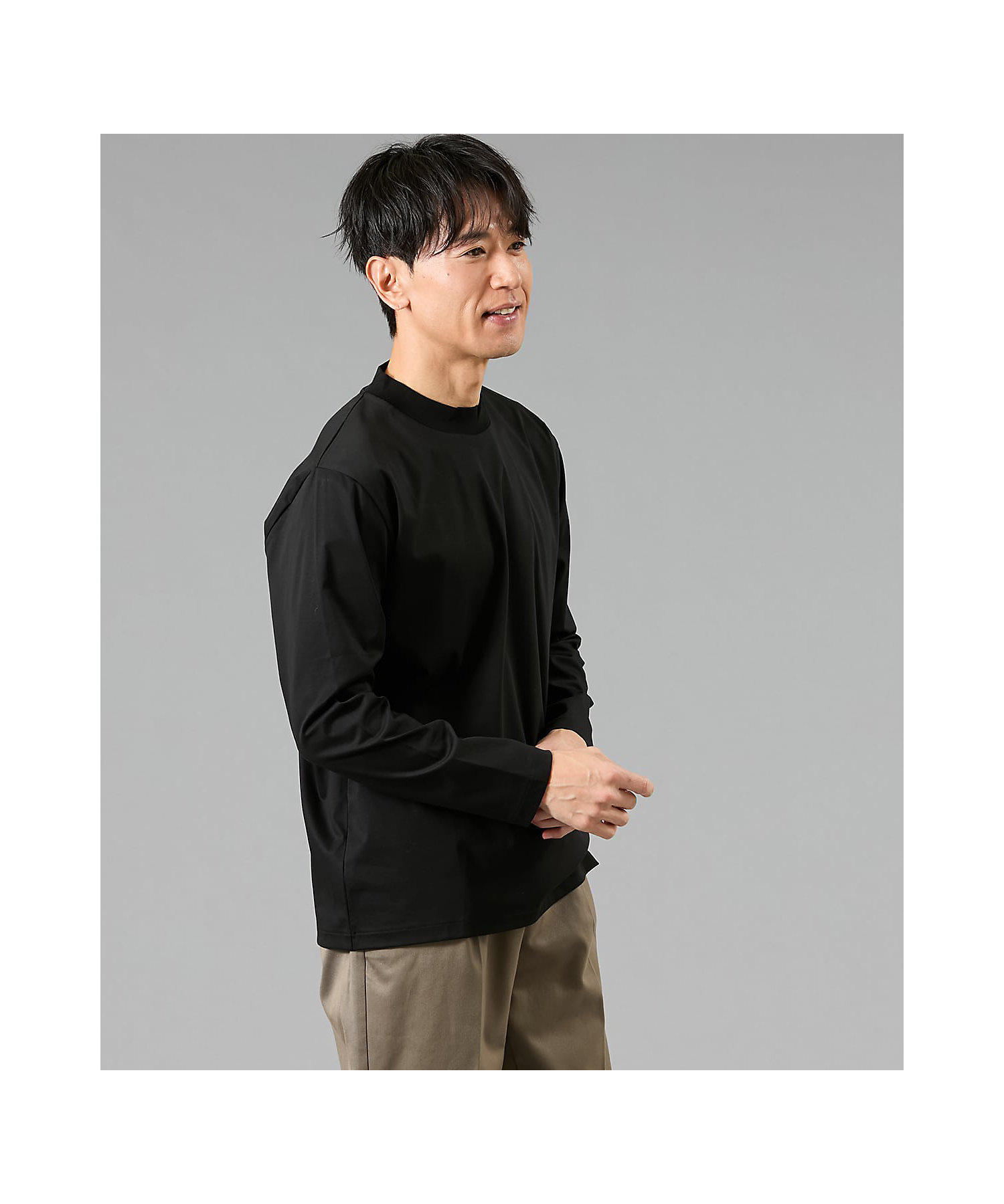 NY CARE FREE 長袖 モックネック ドレスTシャツ（ブラック