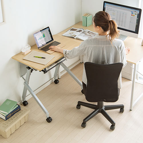 折りたたみデスク 幅75cm 奥行45cm キャスター 中棚付き 木目 ライト