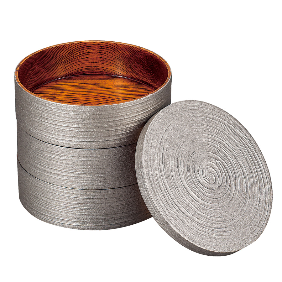 三段重箱 銀さび 木製 漆塗り FC6-7 漆器の井助