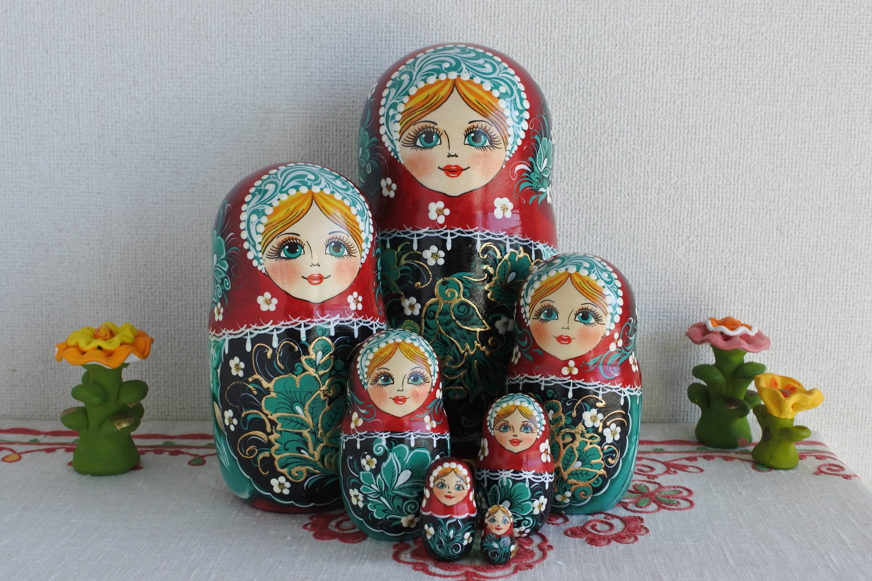 マトリョーシカ 7ピース ロシア民芸品 グリーン 小鳥 ロシア雑貨いりえ