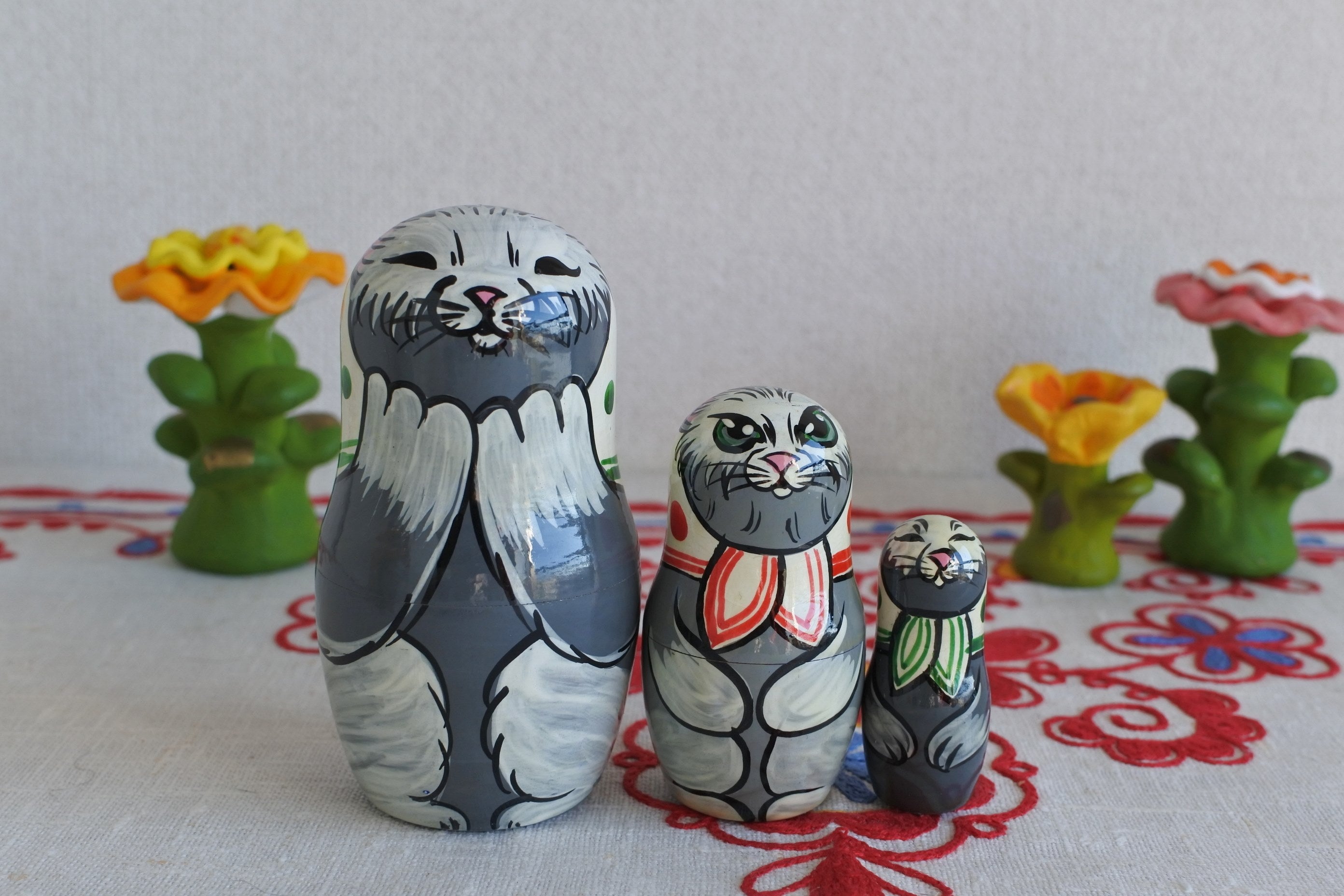 マトリョーシカ 夏のお祝い 猫マトリョーシカ 5ピース ロシア民芸品