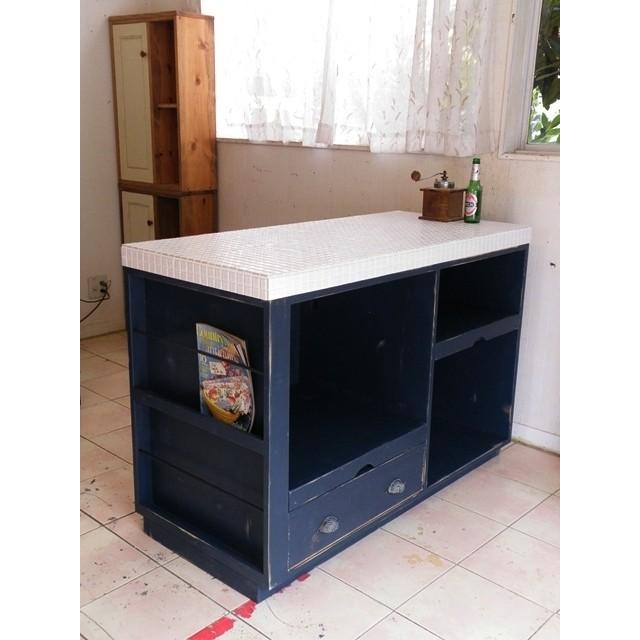 ♪ タイルトップ アイランドキッチンカウンター ネイビーブルー