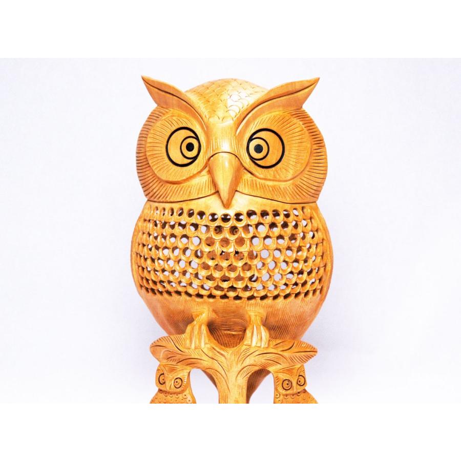 フクロウ 置物 木彫り ふくろう 縁起物 中サイズ 桐箱付き : コッキー