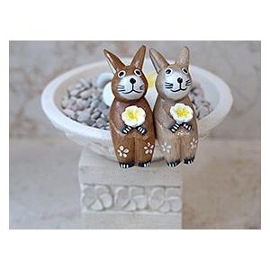 木彫り ウサギS カップル うさぎ グッズ 置物 かわいい 木製 オブジェ