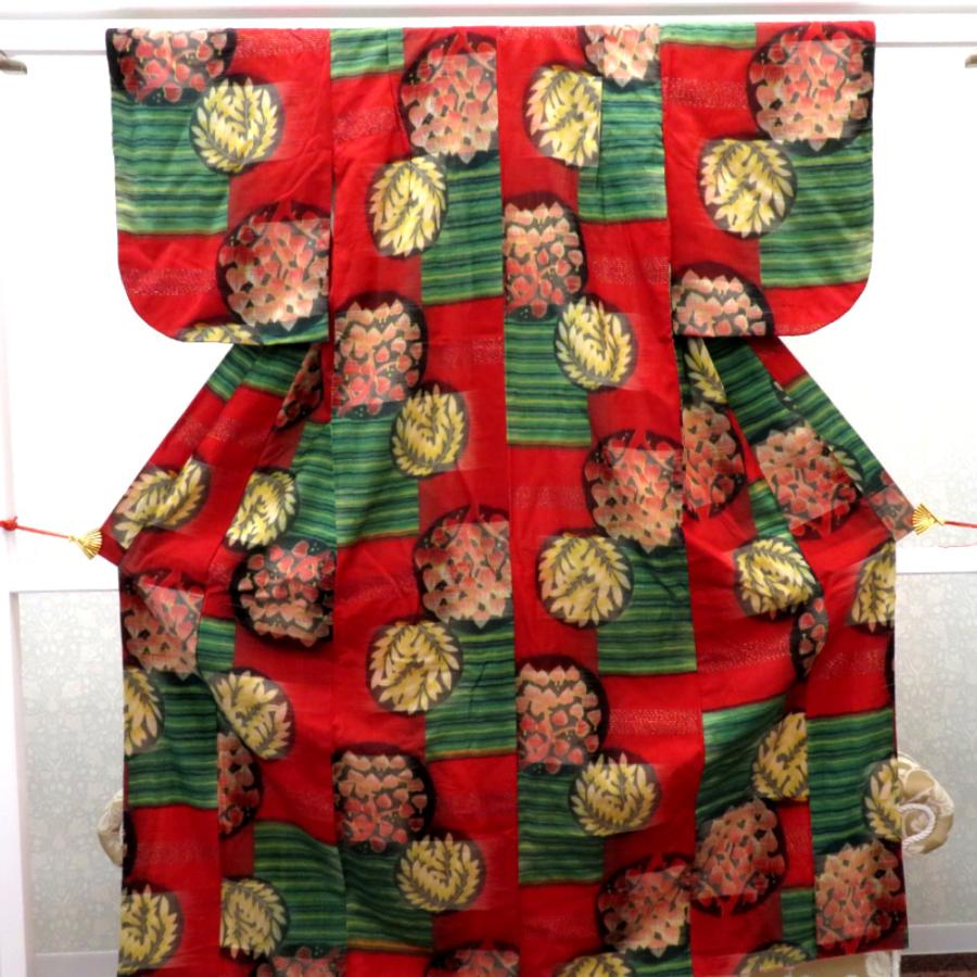 子供着物 銘仙 アンティーク 昔 女児用 赤 多色 縞 植物柄 レトロ 昔