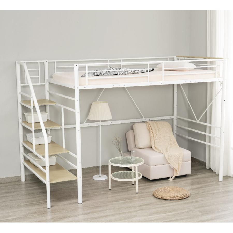 パイプ床板】ロフトベッド 階段付き パイプベッド セミダブル SD