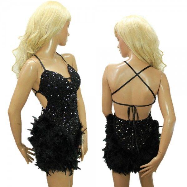 スパンコール 衣装 ワンピース ドレス バーレスクダンス衣装 羽根つき