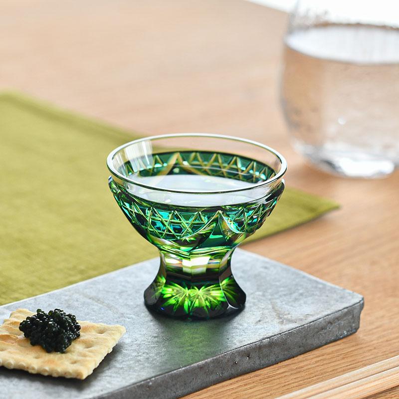 薩摩切子 二色 脚付盃 cut201 蒼黄緑 ルリ緑 二色衣 二色被せ 島津薩摩