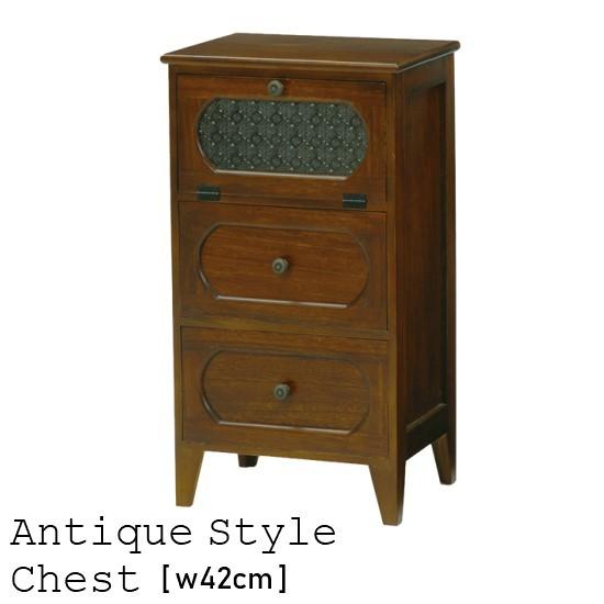 花柄飾りガラス レトロ 木製 チェスト 幅42cm 3段 完成品 無垢