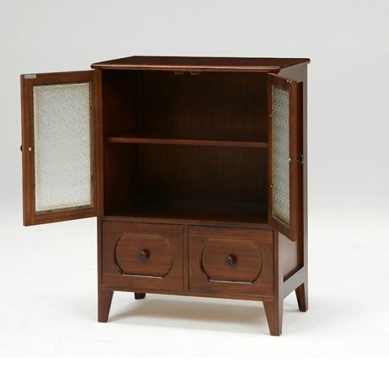 花柄飾りガラス レトロ 木製キャビネット 幅60cm 完成品 無垢 TV台