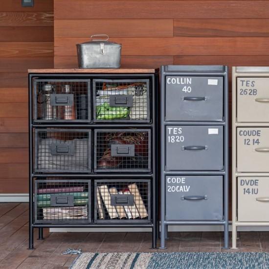 木 スチール メッシュ 引出し チェスト 6杯 おしゃれ 3段 引出し付き