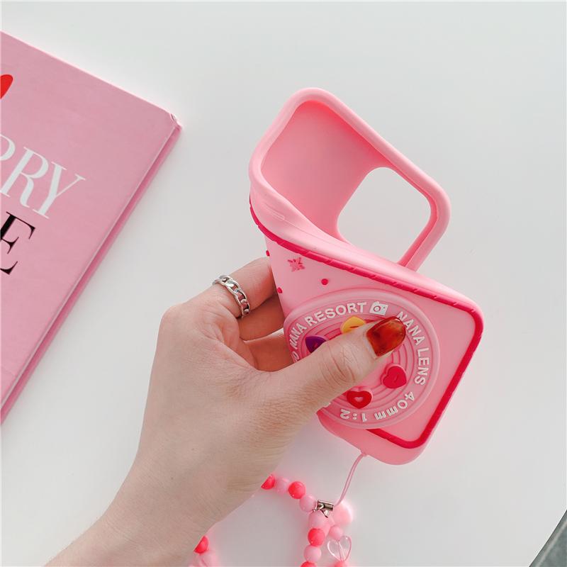 カメラ型ピンク手提げストラップ付き立体浮き彫りiPhoneケース全機種