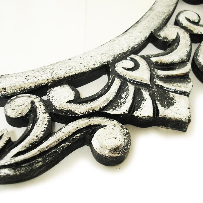 木彫りのミラー 鏡 丸型 唐草レリーフ アンティークシルバー [D.50cm