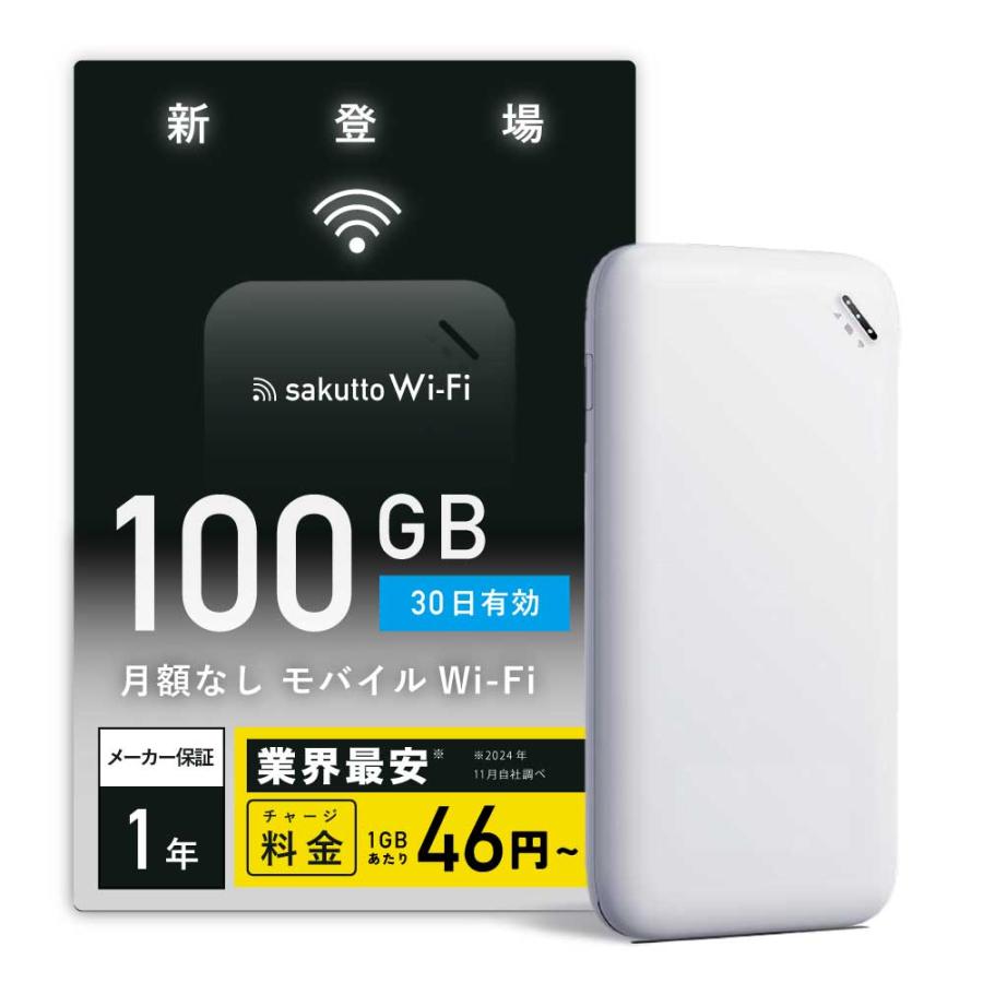 サクッとWi-Fi】持ち運び楽々 軽量設計＆長持ちバッテリー 100GB 30