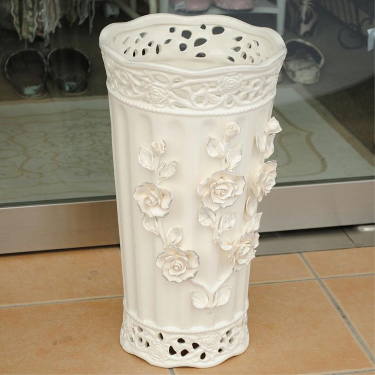 傘立て アンブレラスタンド 筒形 円筒形 陶器 ホワイト 白 薔薇柄 バラ