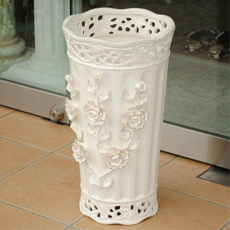 傘立て アンブレラスタンド 筒形 円筒形 陶器 ホワイト 白 薔薇柄 バラ