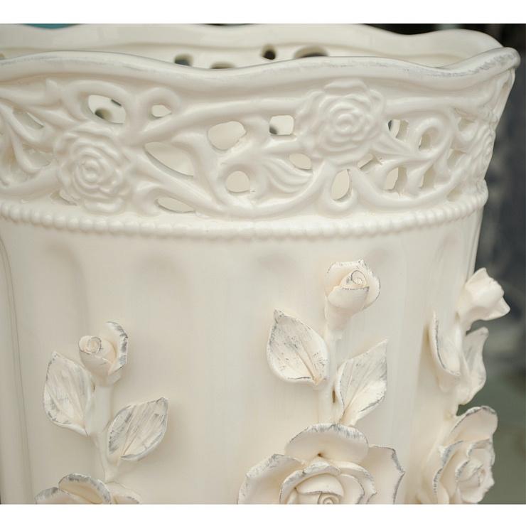 傘立て アンブレラスタンド 筒形 円筒形 陶器 ホワイト 白 薔薇柄 バラ