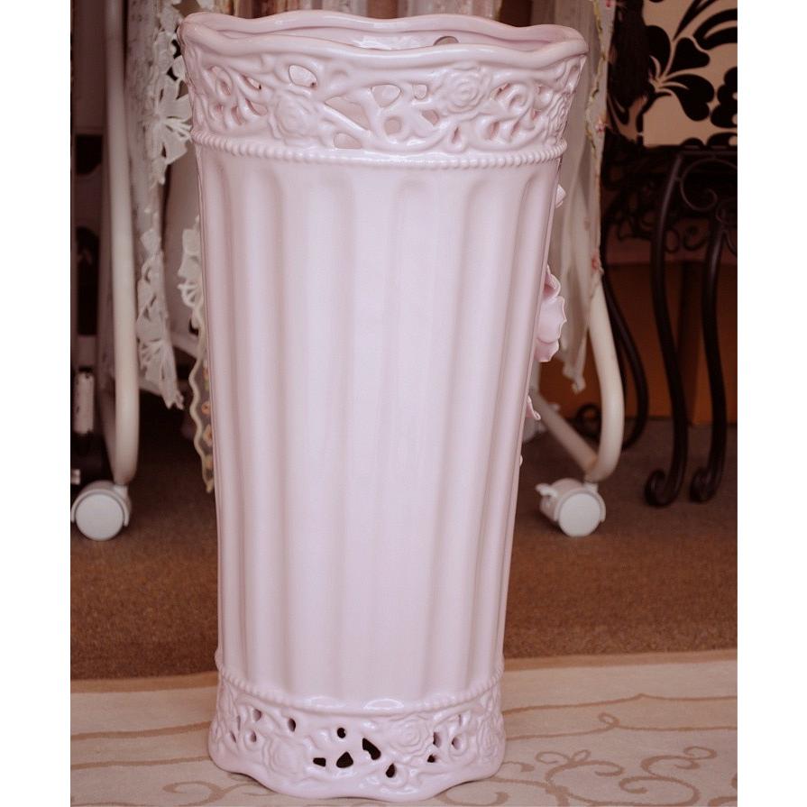 傘立て アンブレラスタンド 筒形 円筒形 陶器 ピンク 桃色 薔薇柄 バラ