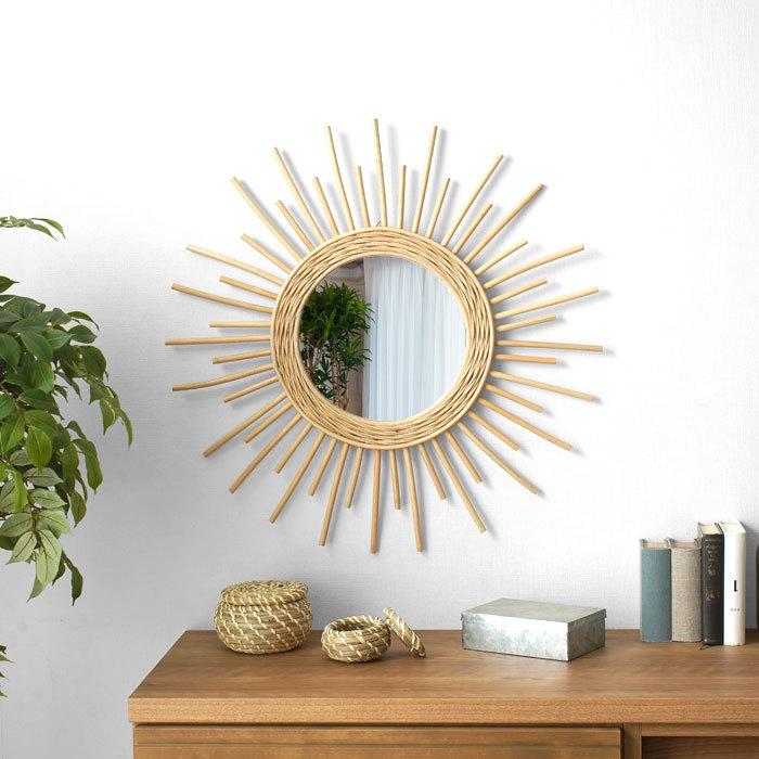 ミラー 鏡 壁掛け ラタン製 おしゃれ 太陽 北欧 軽量 軽い 壁 ウォール