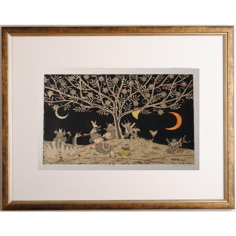 祭り 絵画 狐 猫 蝙蝠 山羊 絵 銅版画 エッチング アクアチント 朝日