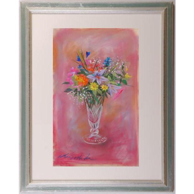 花 絵画 雛菊 ダリア カスミソウ パステル画 石井清 「ガラス花瓶の