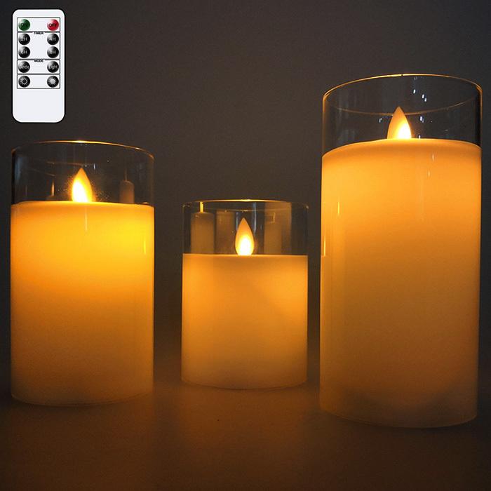 蝋製 LED キャンドルライト 3本セット リモコン付き グラス入り蝋製