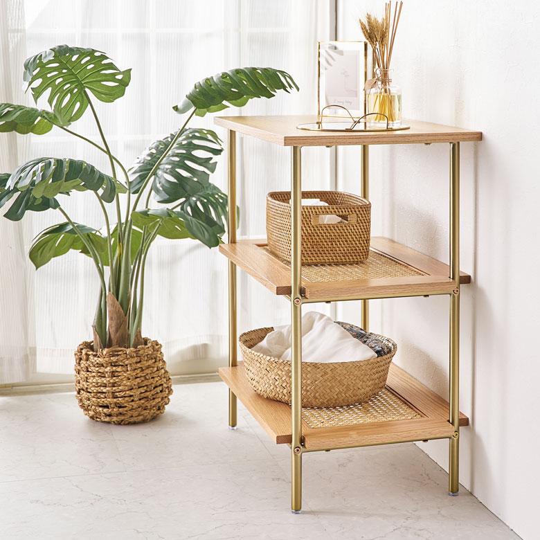 シェルフ 3段 オープン ラック 収納 棚 ラタン 籐 ウッド 木 60cm幅