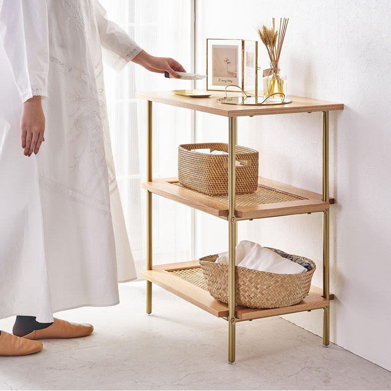 シェルフ 3段 オープン ラック 収納 棚 ラタン 籐 ウッド 木 60cm幅