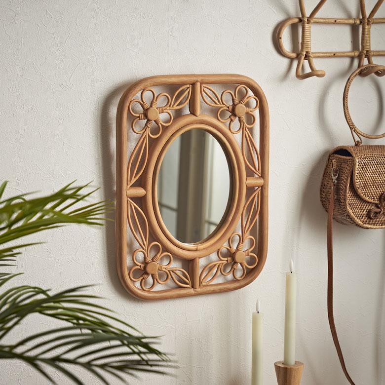 ミラー 鏡 ラタン 籐 高さ 42cm ナチュラル デイジー フラワー