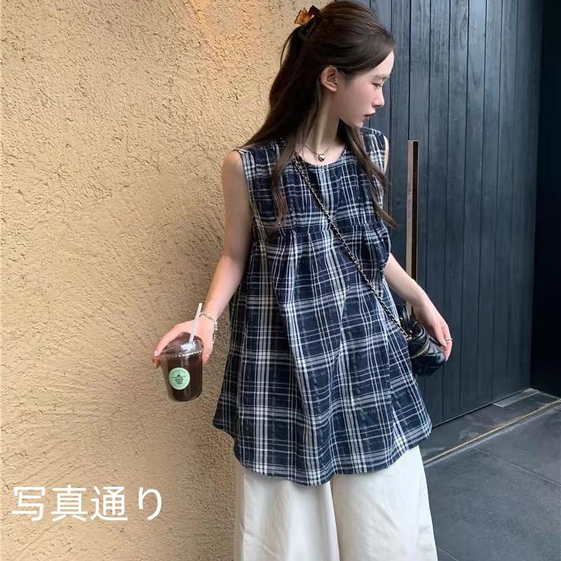 シャツ レディース 袖なし ブラウス ノースリーブ チェック柄 プル