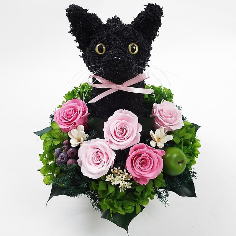 プリザーブドフラワーバスケット 黒ネコ ピンク＆グリーン