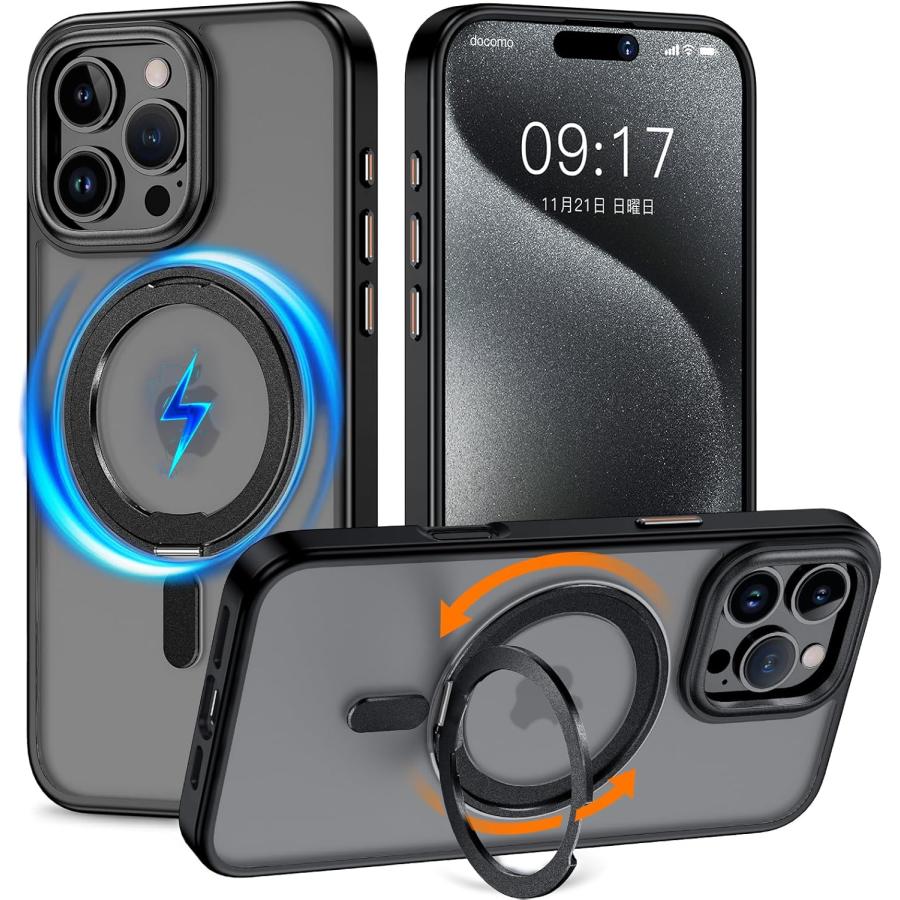 iPhone 16 Pro/iPhone Pro Max 用 ケース 縦横両対応 360°回転スタンド