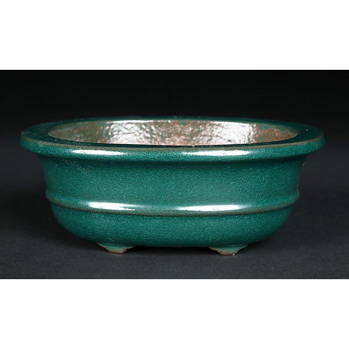 盆栽鉢 色鉢 緑釉外縁胴紐楕円鉢 陶器 4号 11cm グリーン 小品盆栽