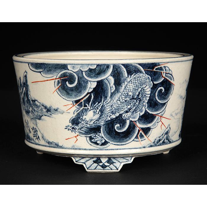 七代渋草柳造染付山水龍虎図丸鉢 盆栽鉢 鉢 植木鉢 盆器 作家鉢