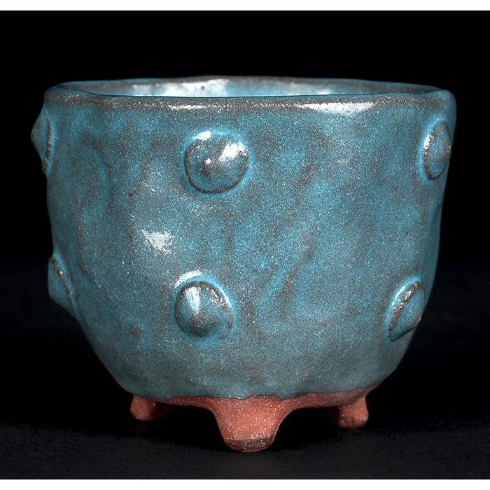 盆栽鉢 二代東福寺均釉鋲打丸鉢 植木鉢 平安東福寺 水野勇 落款あり青