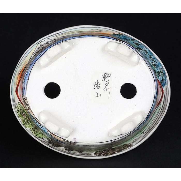 盆栽鉢 柳戸川浩山金彩風景図楕円鉢 絵付鉢 手造り 手描き 3号 9cm