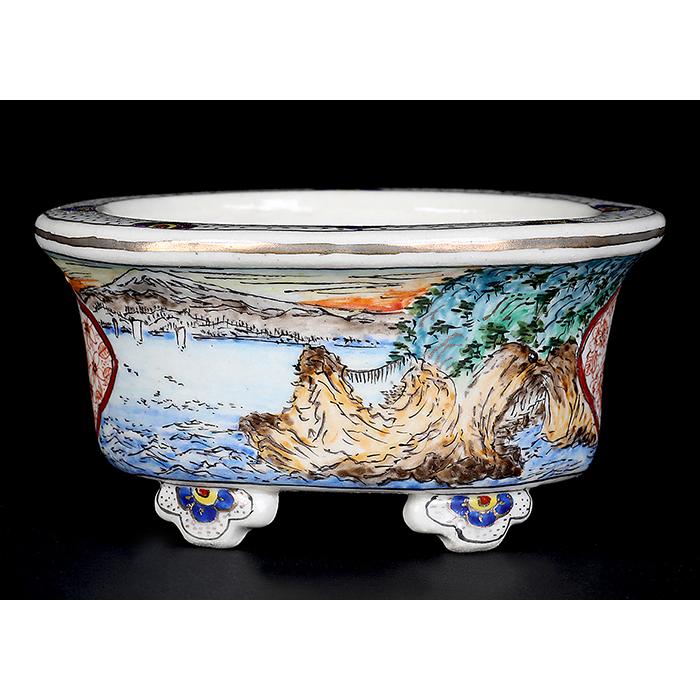 盆栽鉢 柳戸川浩山金彩風景図楕円鉢 絵付鉢 手造り 手描き 3号 9cm