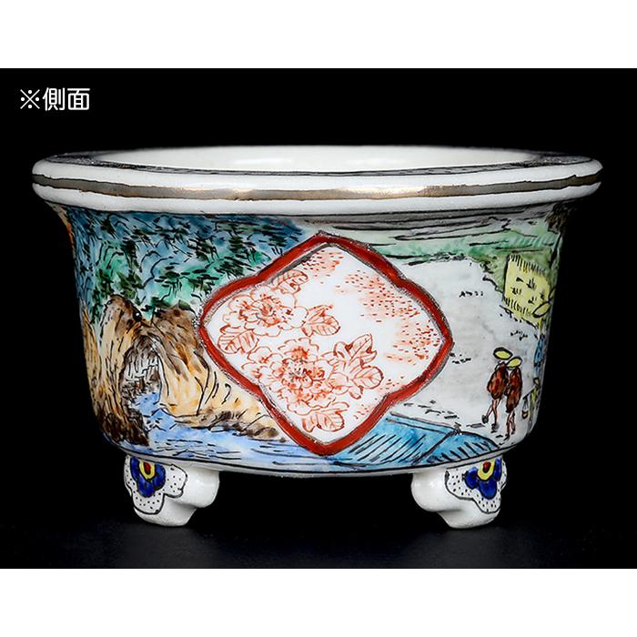 盆栽鉢 柳戸川浩山金彩風景図楕円鉢 絵付鉢 手造り 手描き 3号 9cm