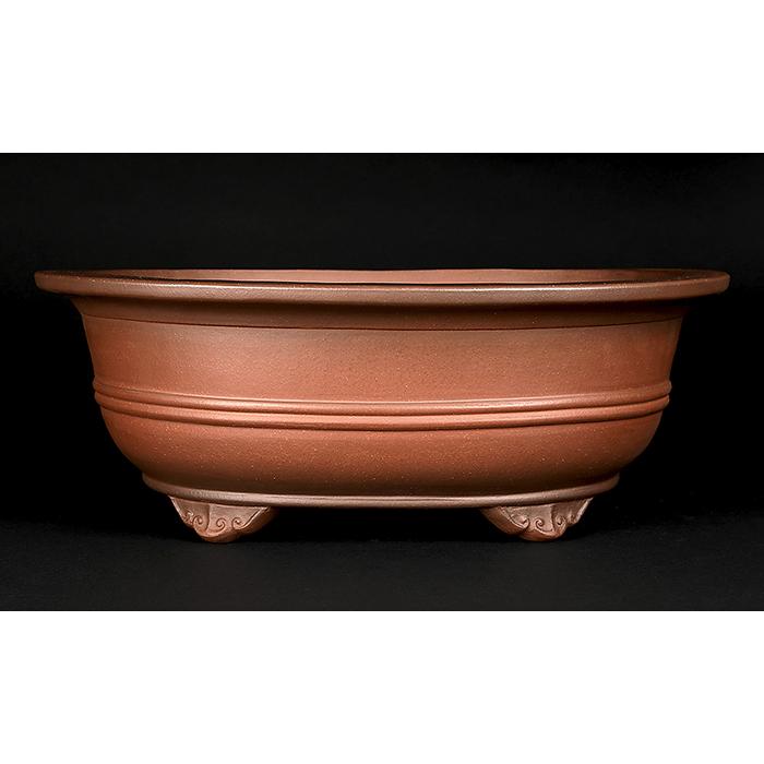 盆栽鉢 紫泥外縁胴紐楕円鉢 植木鉢 中国鉢 張氏製陶 落款あり 15号