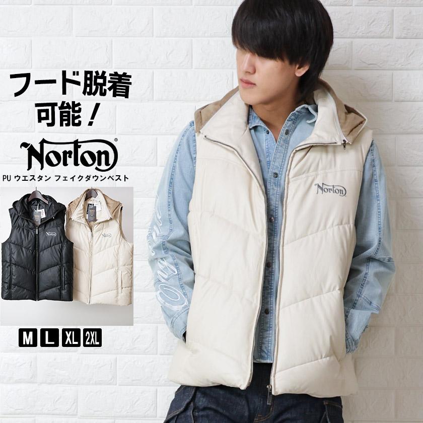 Norton ノートン ベスト メンズ 合皮 中綿 ダウンベスト 刺繍 ロゴ PU