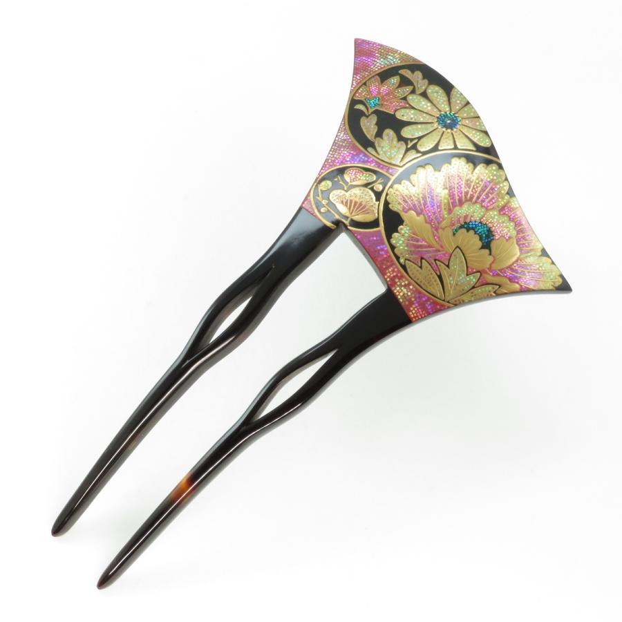 鼈甲 簪 螺鈿蒔絵 (吉祥文様) 菊 梅 牡丹 丸紋模様 かんざし べっ甲 本