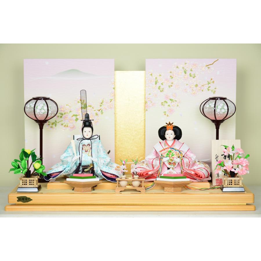 平安道翠 雛人形 刺繍秀芥子親王 変則三曲屏風 遠山桜 30cm 平台 桧