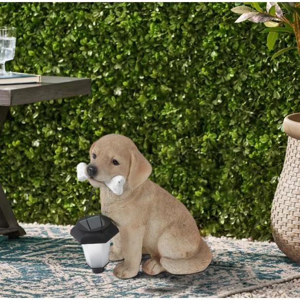 置物 彫像 骨を咥えた子犬 ソーラー式ライト 犬 いぬ イヌ ガーデン 庭