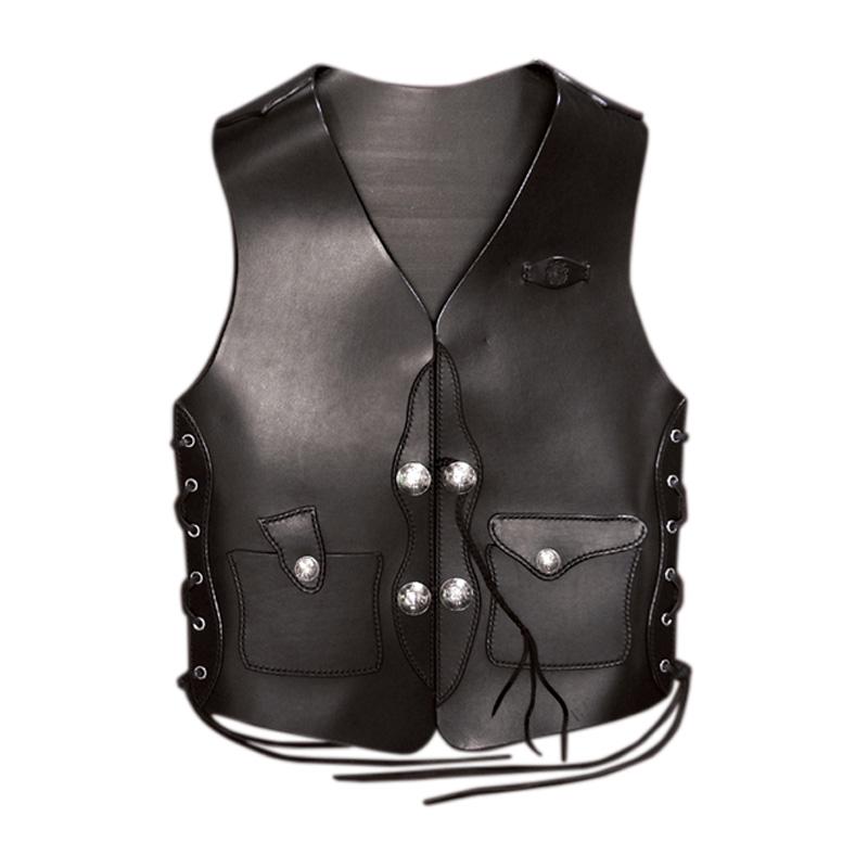 オイルレザーベスト Aタイプ 黒 コンチョ付き サドルベスト 革ベスト