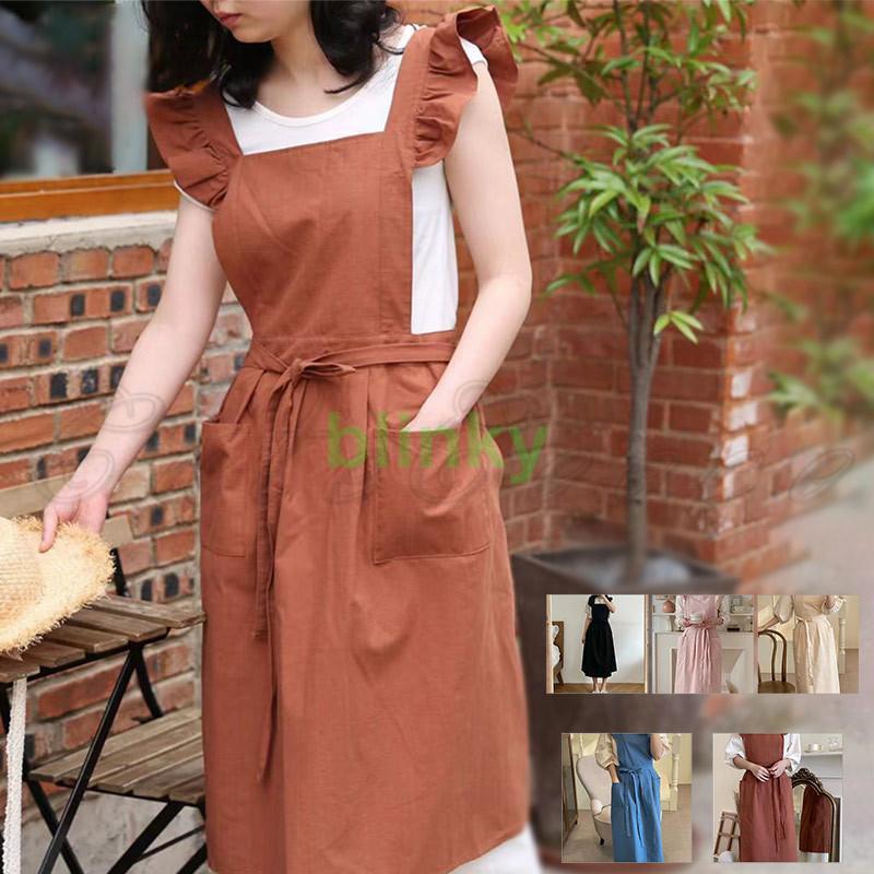 エプロン ストライプ柄 H型 フリル バイカラー レディース 可愛い