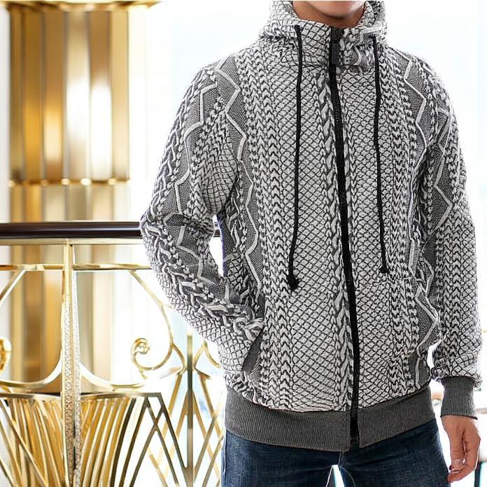 キルティング パーカー ジップアップ 中綿系 メンズ ケーブル編み柄風