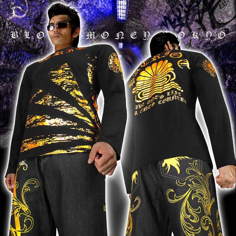 ポイント10倍 14027黒-金 ヤクザ ブランド長袖Tシャツ ロンT 日章菊水