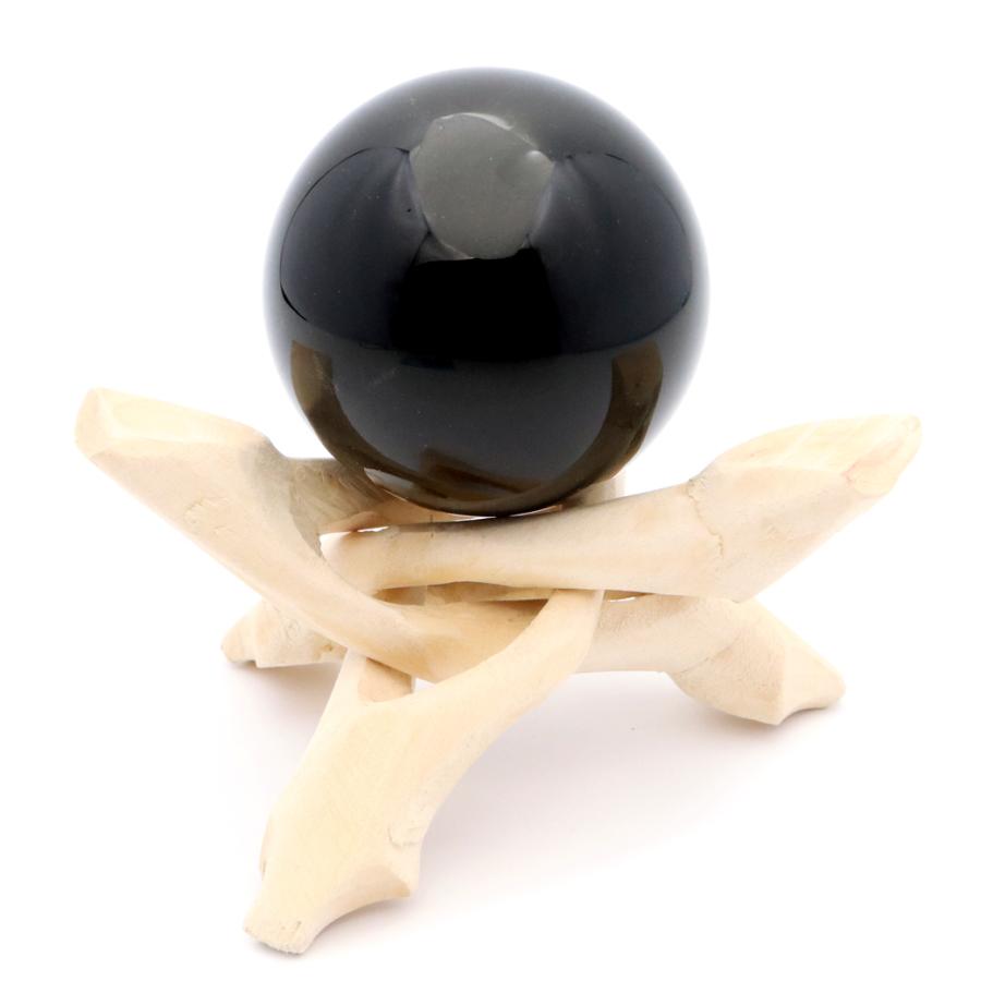 GOLD STONE モリオン 黒水晶 丸玉 木製台座付き 直径 50-52mm 山東省産