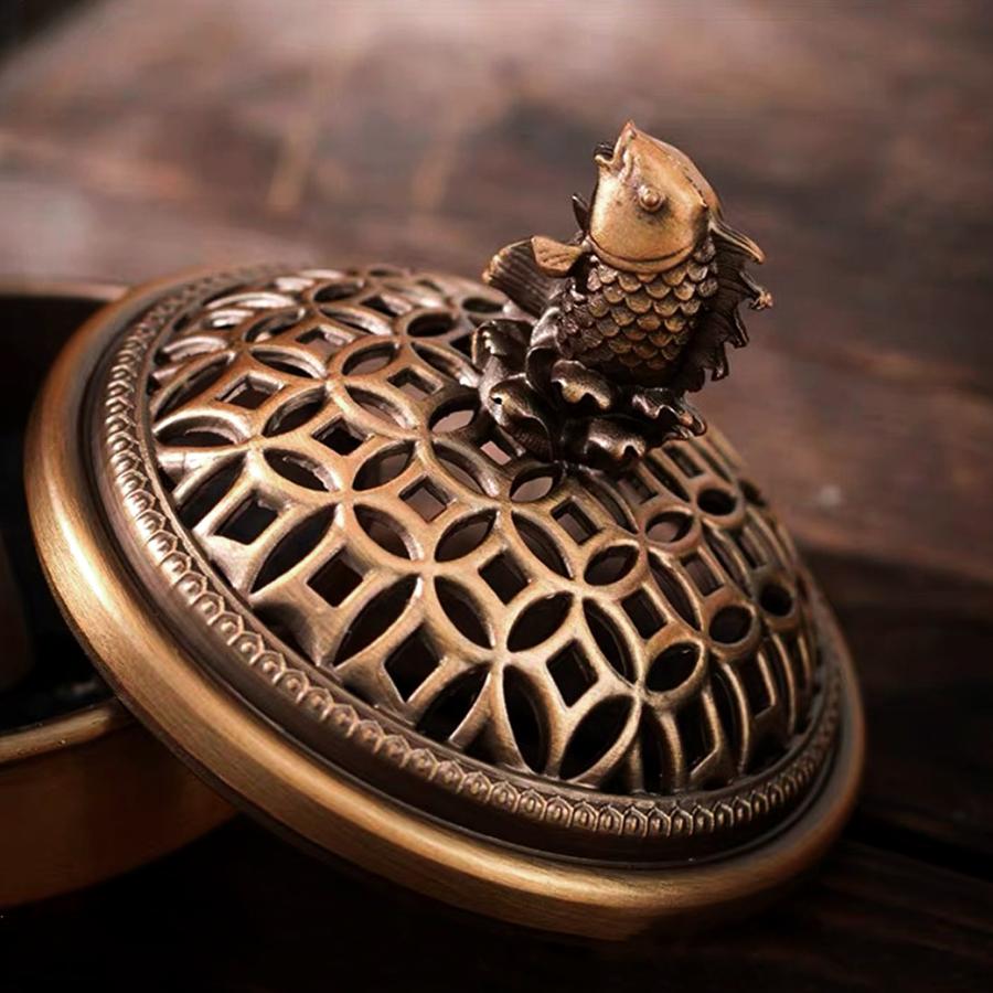 GOLD STONE 香炉 おしゃれ お香立て 真鍮製 魚 鯉 蓋付き 不燃綿入り